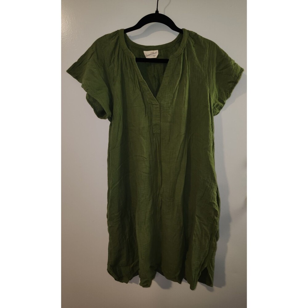 Universal Thread Womens Sz S Gauze Mini Shift Dress Green 100% Cotton V-Neck
